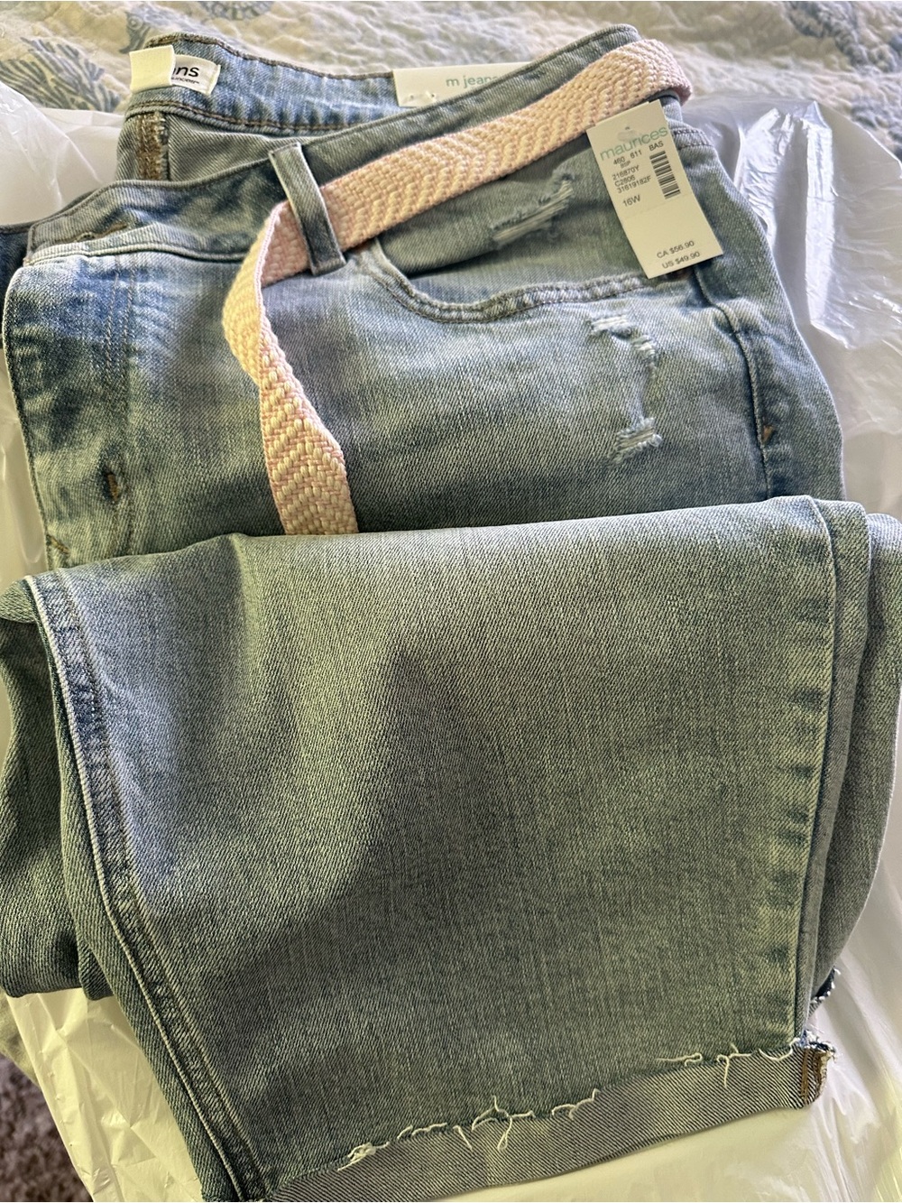 Maurices Light Wash Denim Jeans with Pale Pink Woven Belt
